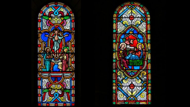 Deux vitraux de la cathédrale de Monaco : apparition de Jésus et scène de la Nativité