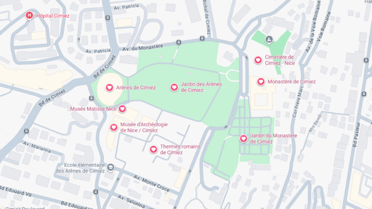 Carte des endroits à visiter absolument sur la colline de Cimiez à Nice
